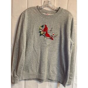 Holiday Editions Gray Cardinal Bird‎ Embroidered Sweatshirt Crew Neck Women L/G